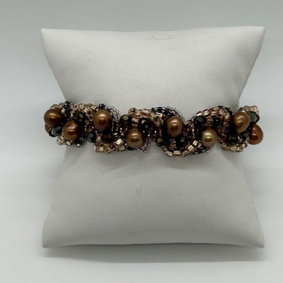 Vintage Woven Beaded Bracelet With Freshwater Pearls & Carnelian Bead Accent - Picture 10 of 14